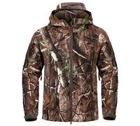 NAVEKULL Silent Hunting Clothes for Men Soft Shell Outdoor Hiking Jacket Camo Water Resistant Fleece Hooded Coat with Pockets, Tree Camo, M