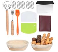 NAVESO 2 Pcs Bread Proofing Basket,10Inch Oval Banneton Proofing Basket with Bread Lame, Dough Whisk,Scrapers,Brush,Blade Cover,5 Blades, Sourdough Bread Making Kit, Linen Cloth Liner,Banneton Baskets