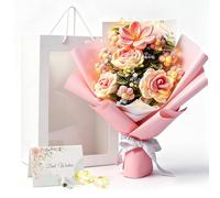 NAVESO Crochet Flowers Bouquet,Knitted Pink Rose and Tulips Bouquets,Artificial Crochet Flower Bouquet with Gift Bag String Lights Greeting Card for Women Wife Mothers Day Anniversary Birthday Wedding