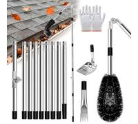 NAVESO Gutter Cleaning Tools, 4M/13FT Telescopic Gutter Cleaner kit with 180° Swivel Head,Brushe, Gutter Scoop, Gutters Rake and Gloves for Removes Leaf Debris,Spider Webs from Villas,Ditch,Gardens
