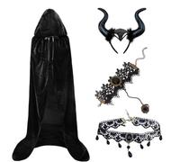 NAVESO Halloween Costume Women's Headband with Demon Horn, Maleficent Costume Women, Evil Queen Kos-tüm Halloween Cape, with Hood, Necklace Bracelet Devil Kos-tüm Women for Carnival Masquerade