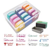 NAVESO Pack of 12 Rectangular Stamp Teacher Kit, Multicoloured Teacher Stamp, Teacher Stamp Primary School, Teacher Stamp with Box for Students Encouragement