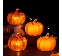 NAVESO Pack of 4 Pumpkin Decoration with LED, Autumn Decoration Pumpkin, Halloween Pumpkin Lantern, Halloween Decoration Pumpkin Illuminated for Thanksgiving Halloween Christmas Table Decoration