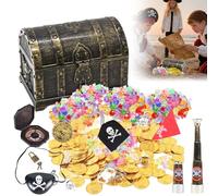 NAVESO Treasure Chest, Pirate Treasure Chest Kids With Gold Coins, Fake Gems, Compass, Telescope and PirateParty Supplies, Wooden Treasure Box with Lock for Pirate Party, Treasure Hunting