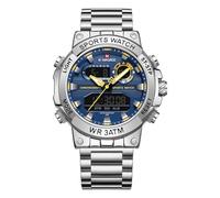 NAVIFORCE Analog Quartz Digital Watches Men Luxury Full Stainless Steel Waterproof Watches Fashion Business Chronograph Military Multifunctional Wristwatch (Silver Blue)