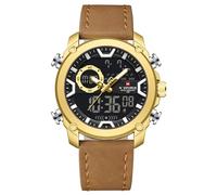 NAVIFORCE Bussiness Super Style Men's Wristwatch Dual Display Time Genuine Leather 3ATM Waterproof Alarm Clock Mode Boys' Watch (Gold)