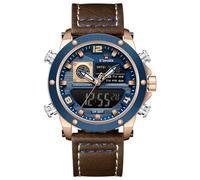 NAVIFORCE Dual Display Watches for Men Leather Luxury Military Waterproof Watch Men Casual Sport Digital Watch (Gold Blue)