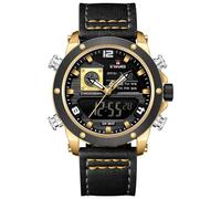 NAVIFORCE Dual Display Watches for Men Leather Luxury Military Waterproof Watch Men Casual Sport Digital Watch (Gold)