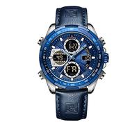 NAVIFORCE Men's Military Digital Watches Analog Quartz Waterproof Watch Sport Multifunctional Leather Wristwatch, Silver+Blue, Digital