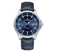 NAVIFORCE Mens Minimalist Waterproof Quartz Leather Strap Watches with Auto Date, Silver Blue, Fashion