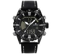 NAVIFORCE - NF9136L Mens Watches Analogue Digital Antiallergic Black/Brown Strap White/Grey/Yellow/Red/Rosegold Index (Strap: Black with White Stitching/White Index)