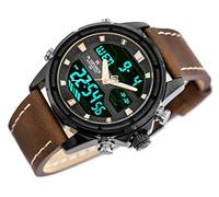 NAVIFORCE - NF9138L - Dual Time Mens Watches Analogue Digital Antiallergic (Band : Dark Brown with White Stitching/Case : Black)