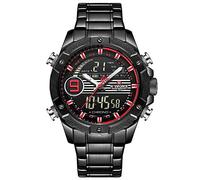 NAVIFORCE - NF9146S - Men's Fashion Dual Time Analogue Digital Quartz Wrist Watch, Metal Band, Waterproof (Band : Black/Index : Red, Silver)
