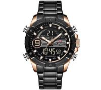 NAVIFORCE - NF9146S - Men's Fashion Dual Time Analogue Digital Quartz Wrist Watch, Metal Band, Waterproof (Band : Black/Index : Rosegold, Silver)