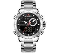 NAVIFORCE Stainless Steel Band Quartz Wristwatch 3ATM Water Resistant Multifunctional Luminous Double Movements Analog-Digital Chronograph Man Watch (Silver)