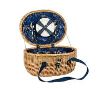 Navigate Sara Miller 4 Person Oval Wicker Picnic Hamper, Navy, Includes Ceramic Plates, Wine Glasses, Sporks, Cheese Board