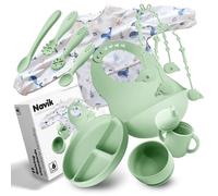 Navik | Silicone Baby weaning Set 12 pcs | Contains Divided Suction Plate | Baby Suction Bowl | self Feeding Spoons | Sippy Cup 6+ Months | Toddler Bibs | Safety Straps | Green