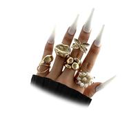 Navirix 5Pcs Chunky Gold Stacking Finger Ring Set Faux Pearl Beaded Adjustable Open Knuckle Rings for Women Kiss Butterfly Ring Party Dancing Accessories