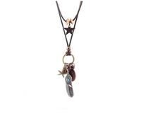 Navirix Boho Leather Rope Feather Leaf Pendant Long Necklace, Retro Ethnic Brown Cord Sweater Necklace, Star Pentagram Oval Hanging Neck Jewelry for Women