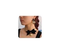 Navirix Gold Bow Heart Jewelry Set for Women,Cuban Chain Fabric Bowknot Love Charming Choker Necklace Black Bow Tie Puffy Bubble Heart Dangle Earrings, L, Alloy Steel, No Gemstone