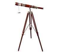 Navirock Antique Brass Chrome Finish Telescope Nautical Single Barrel Red Leather Coverd Tube Telescope Vintage Wooden Floor Standing Brown Tripod Arc Design