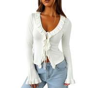 Navneet Women Cropped Cardigan Tie Front Cardigan Sweaters Sexy Flare Sleeve Going Out Tops Fall Outfits White S