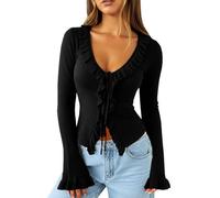 Navneet Women Cropped Cardigan Tie Front Cardigan Sweaters Sexy Flare Sleeve Going Out Tops Fall Outfits Black S