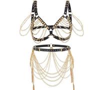 Navoky Punk leather Multilayer Body Chian Gothic Black Bra Chain Gold Metal Layered Waist Chains Adjustable Accessories Rave Outfits Nightclub Party Halloween for Women and Girls, L, Leather, alloy