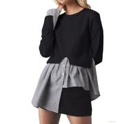 Navonta Womens Slit Crew Neck Patchwork Sweater 2 in 1 Asymmetrical Hem Pullover Knit Sweater Button Down Contrast Shirt Tops, Black, S