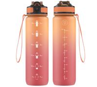 NAVTUE Water Bottle, 1L Sports Water Bottle with Straw, Time Markings, Tritan BPA free, Leakproof Drinks Bottle for School, Cycling, Running (1 Bottle OrangeRed)