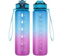 NAVTUE Water Bottle, 1L Sports Water Bottle with Straw, Time Markings, Tritan BPA free, Leakproof Drinks Bottle for School, Cycling, Running (1 Bottle)