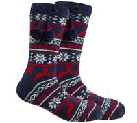 (Navy 2, M-L) Forever Dreaming Ladies Cosy Chunky Knit Bed Slipper Socks Anti Non Slip Grippers Pom Pom Trim Size 4-8