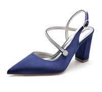 Navy,39,Womens High Block Heels Slingback Strap Court Shoes, Crystal Pointed Toe Satin Side Cut Out Wedding Sandals For Dress Prom Evening Pumps