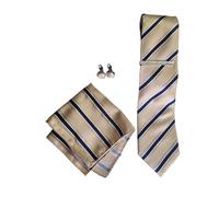 Navy and Gold Striped Tie Set Mens Perfect 5pc Gift Boxed Stylish Necktie, Pocket Square, Cufflinks, Tie Pin Complete Accessory Kit Gift