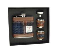Navy and Orange Rust Tarten Harris Tweed 6oz Stainless Steel Hip Flask Cup Set
