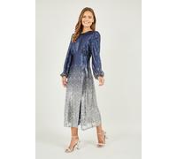 Yumi Navy and Silver Sequin Ombre Long Sleeve Midi Dress Navy 10