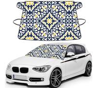 Navy And Yellow Mediterranean Tile Pattern, Car Windshield Cover, Protective Windscreen Cover - Snow Ice Sun UV Dust Water Resistant - Fit for Most Cars
