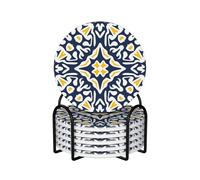 Navy And Yellow Mediterranean Tile Pattern,Round Ceramic Coasters, Mugs Pad, Cups Mat Set of 6 Drinks Coasters With Holder