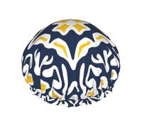 Navy And Yellow Mediterranean Tile Pattern,Shower Cap Nightcap Double Layer Waterproof Elastic Bath Cap Reusable Hair Cap