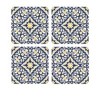 Navy And Yellow Mediterranean Tile Pattern,Square MDF Cork Coasters, Mugs Pad, Cups Mat Set of 4 Drinks Coasters