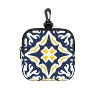 Navy and Yellow Mediterranean Tile Pattern, Square Zipper Storage Bag, Neoprene Coin Purse, Small Wallets, Change Pouch, Change Purse