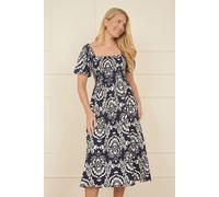 Navy Aztec Print Ruched Midi Dress Yumi Navy 10