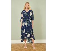 Navy Bird and Floral Print Midi Wrap Dress Yumi Navy 8