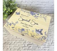 Navy Birds Memories Of A Special Son Memorial Personalised Wooden Keepsake Box - Custom Wood Memory Keepsake Storage Gift Box - Memorial Wooden Memory Boxes - Quality Keepsake Wood Box With Lid