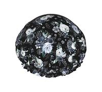 Navy Black White Florals Black Waterproof Shower Cap,Elastic Bathing Hair Cap Environmental Protection Hair Bath Caps, Double WaterproofBathing Shower Hat