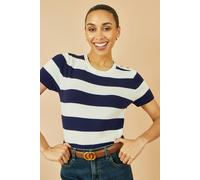 Navy Block Stripe Knitted Top With Button Details Yumi Navy L