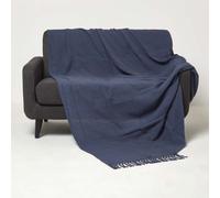 HOMESCAPES Handwoven Navy Blue Throw 150 x 200 cm Textured 100% Cotton Throw Blanket with Tassels Lightweight All Season “Kashi” Bed or Sofa Throw