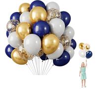 Navy Blue 60pc 12in Thick Latex Balloons - White, Navy & Metallic Golden Colors, Set with Confetti, Helium Compatible for Graduation & Boys' Parties