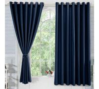 (Navy Blue, 66 x 72 in (5.5ft x 6ft) - Pair) Plain Blackout Curtain Eyelet Ring Top - Ready Made Thermal Drapes for Bedroom & Living Room