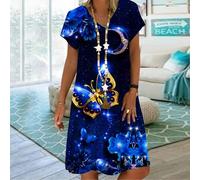 (navy blue, 6XL) Summer Fashion V-neck Dress Ladies Short Sleeve Butterfly Moon Printed Dress Loose Casual Dress For Women